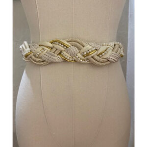 USED Vintage Cream/Off White Braided Woven Cord Belt with pearl & gold detailing